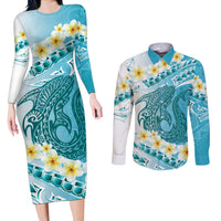 Turquoise Hawaii Shark Tattoo Couples Matching Long Sleeve Bodycon Dress and Long Sleeve Button Shirt Frangipani With Polynesian Pastel Version