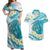 Turquoise Hawaii Shark Tattoo Couples Matching Off Shoulder Maxi Dress and Hawaiian Shirt Frangipani With Polynesian Pastel Version