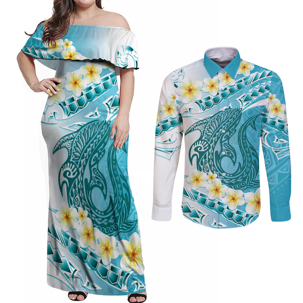 Turquoise Hawaii Shark Tattoo Couples Matching Off Shoulder Maxi Dress and Long Sleeve Button Shirt Frangipani With Polynesian Pastel Version LT14 Turquoise - Polynesian Pride