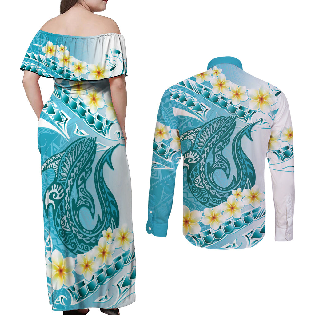 Turquoise Hawaii Shark Tattoo Couples Matching Off Shoulder Maxi Dress and Long Sleeve Button Shirt Frangipani With Polynesian Pastel Version LT14 - Polynesian Pride