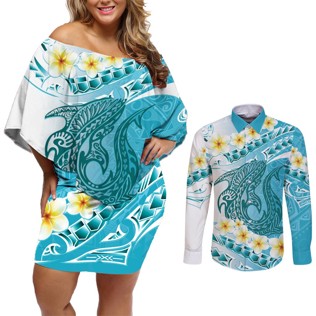 Turquoise Hawaii Shark Tattoo Couples Matching Off Shoulder Short Dress and Long Sleeve Button Shirt Frangipani With Polynesian Pastel Version