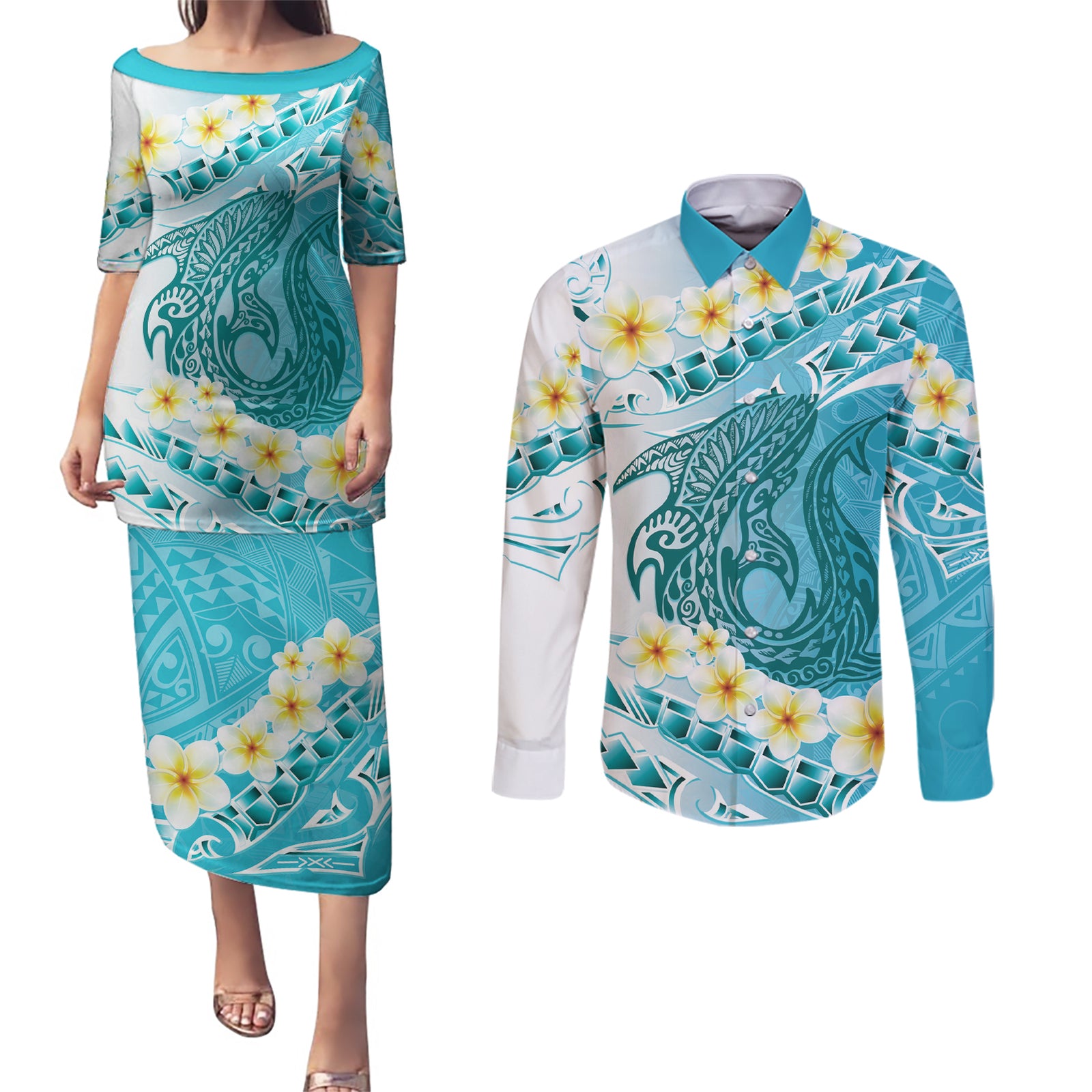Turquoise Hawaii Shark Tattoo Couples Matching Puletasi and Long Sleeve Button Shirt Frangipani With Polynesian Pastel Version