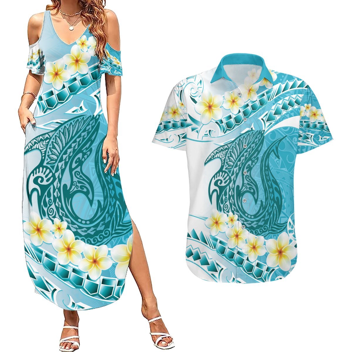 Turquoise Hawaii Shark Tattoo Couples Matching Summer Maxi Dress and Hawaiian Shirt Frangipani With Polynesian Pastel Version LT14 Turquoise - Polynesian Pride