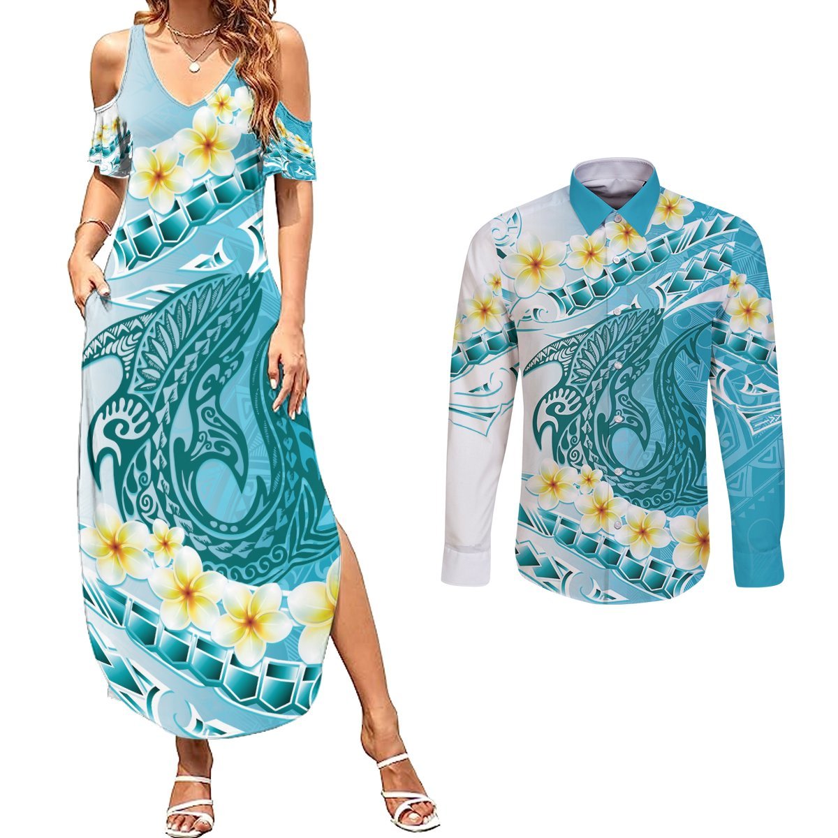 Turquoise Hawaii Shark Tattoo Couples Matching Summer Maxi Dress and Long Sleeve Button Shirt Frangipani With Polynesian Pastel Version LT14 Turquoise - Polynesian Pride
