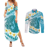 Turquoise Hawaii Shark Tattoo Couples Matching Summer Maxi Dress and Long Sleeve Button Shirt Frangipani With Polynesian Pastel Version LT14 Turquoise - Polynesian Pride