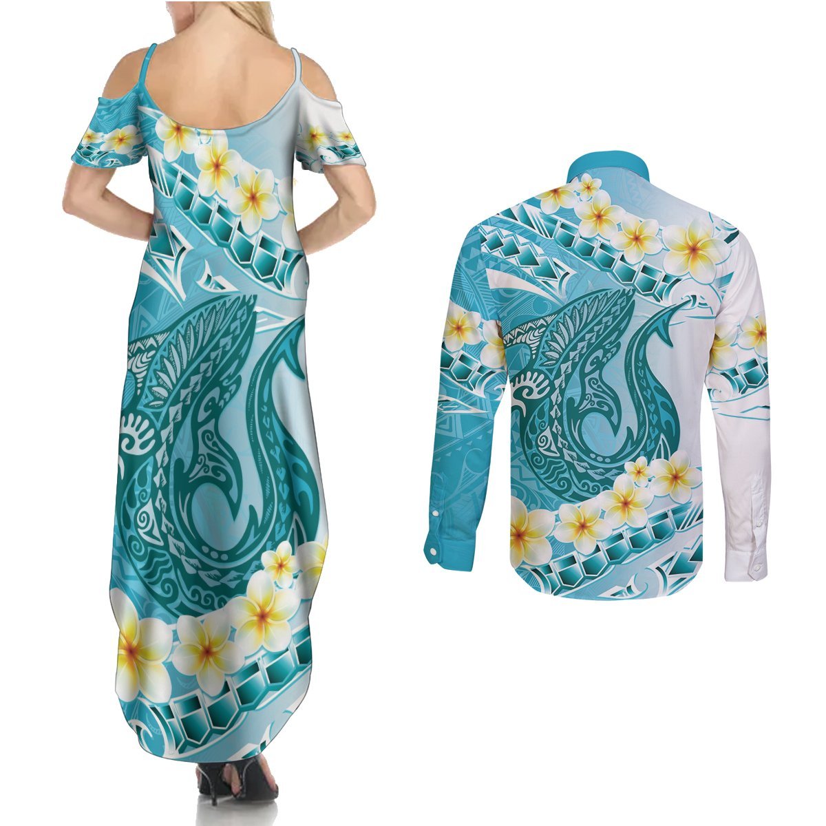 Turquoise Hawaii Shark Tattoo Couples Matching Summer Maxi Dress and Long Sleeve Button Shirt Frangipani With Polynesian Pastel Version LT14 - Polynesian Pride