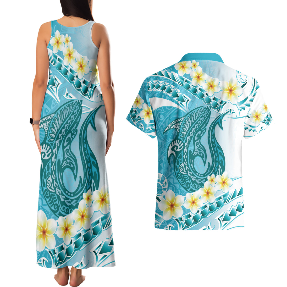 Turquoise Hawaii Shark Tattoo Couples Matching Tank Maxi Dress and Hawaiian Shirt Frangipani With Polynesian Pastel Version