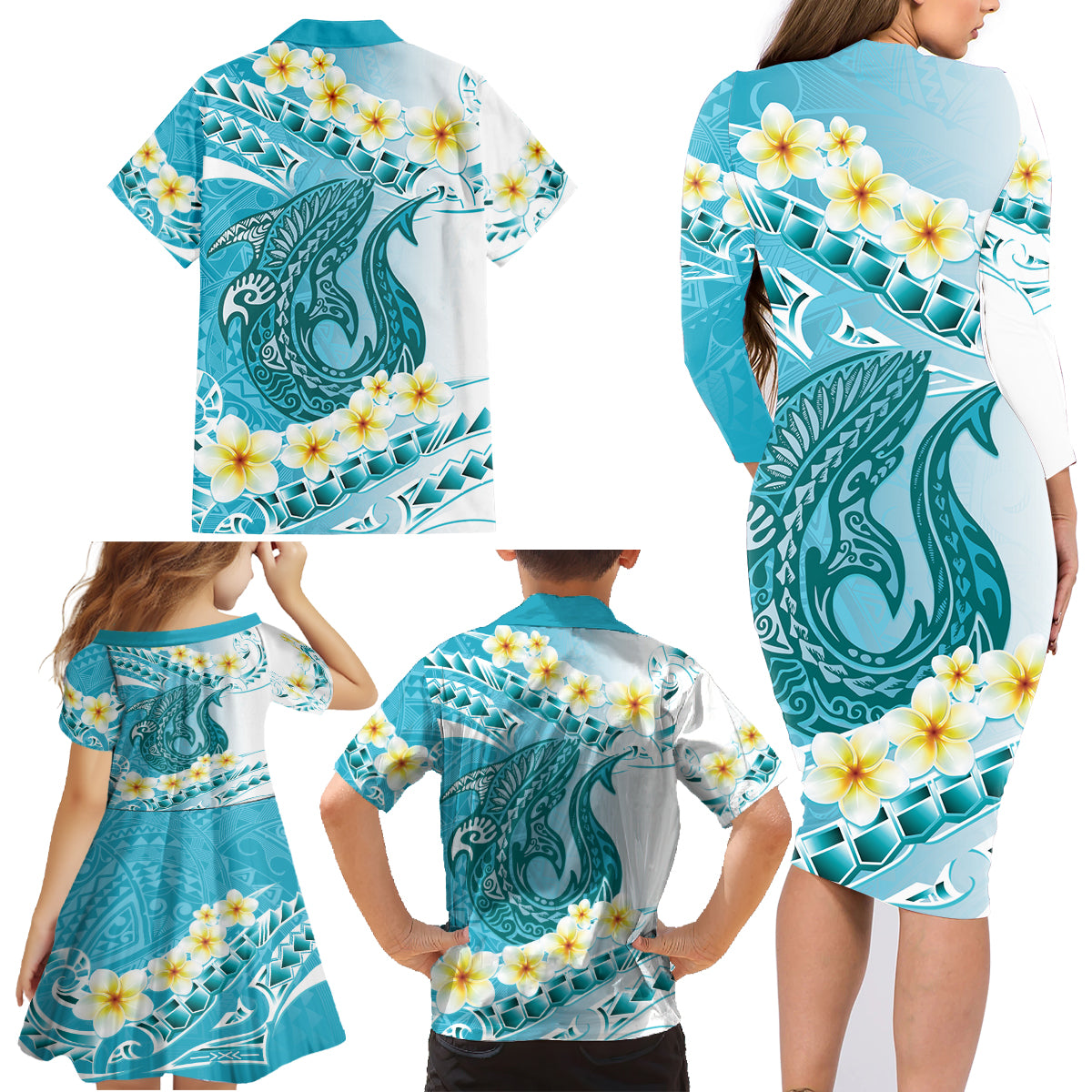 Turquoise Hawaii Shark Tattoo Family Matching Long Sleeve Bodycon Dress and Hawaiian Shirt Frangipani With Polynesian Pastel Version