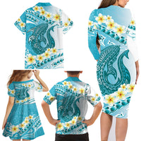 Turquoise Hawaii Shark Tattoo Family Matching Long Sleeve Bodycon Dress and Hawaiian Shirt Frangipani With Polynesian Pastel Version