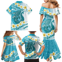 Turquoise Hawaii Shark Tattoo Family Matching Mermaid Dress and Hawaiian Shirt Frangipani With Polynesian Pastel Version