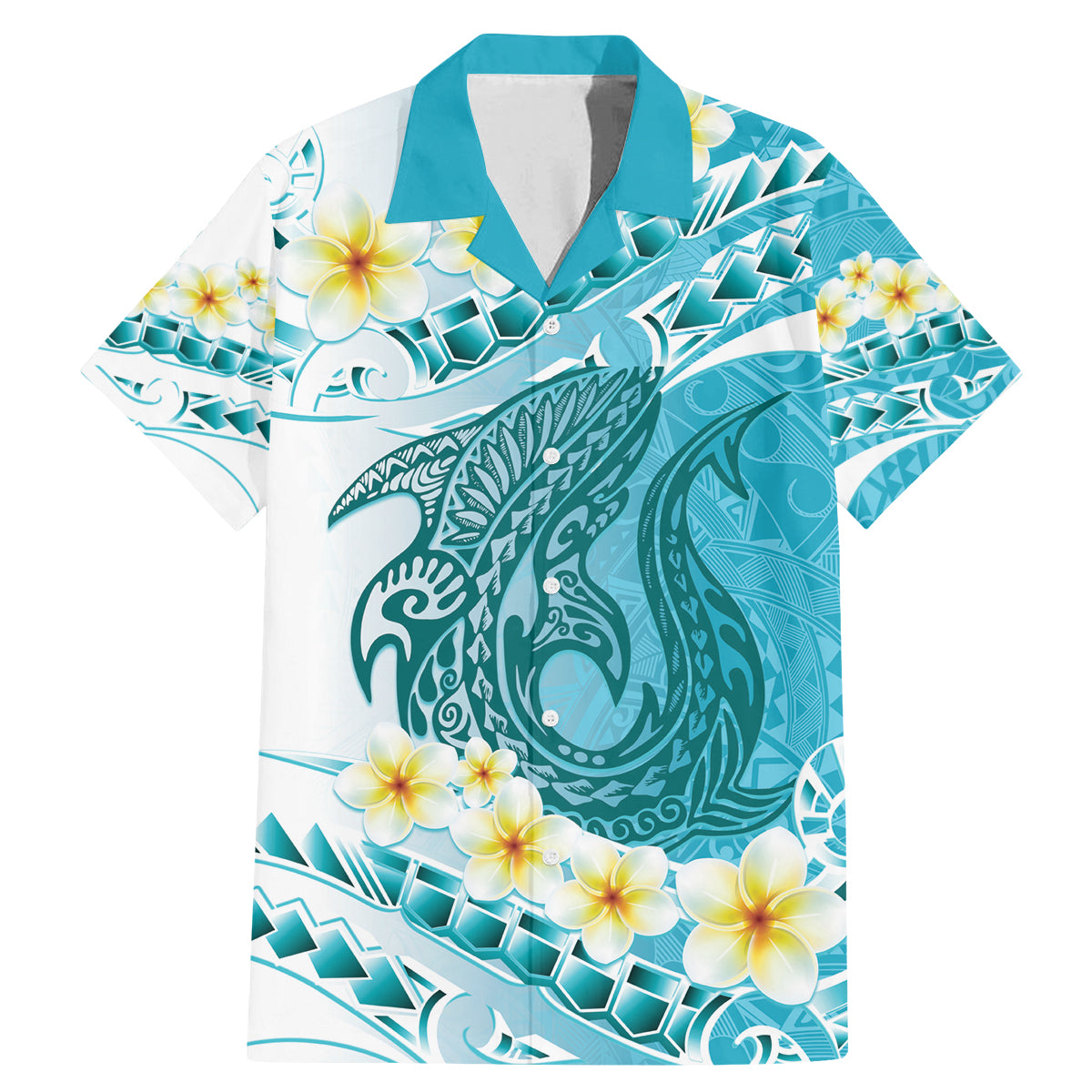 Turquoise Hawaii Shark Tattoo Family Matching Mermaid Dress and Hawaiian Shirt Frangipani With Polynesian Pastel Version
