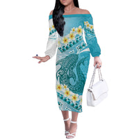 Turquoise Hawaii Shark Tattoo Family Matching Off The Shoulder Long Sleeve Dress and Hawaiian Shirt Frangipani With Polynesian Pastel Version
