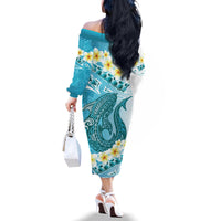 Turquoise Hawaii Shark Tattoo Family Matching Off The Shoulder Long Sleeve Dress and Hawaiian Shirt Frangipani With Polynesian Pastel Version