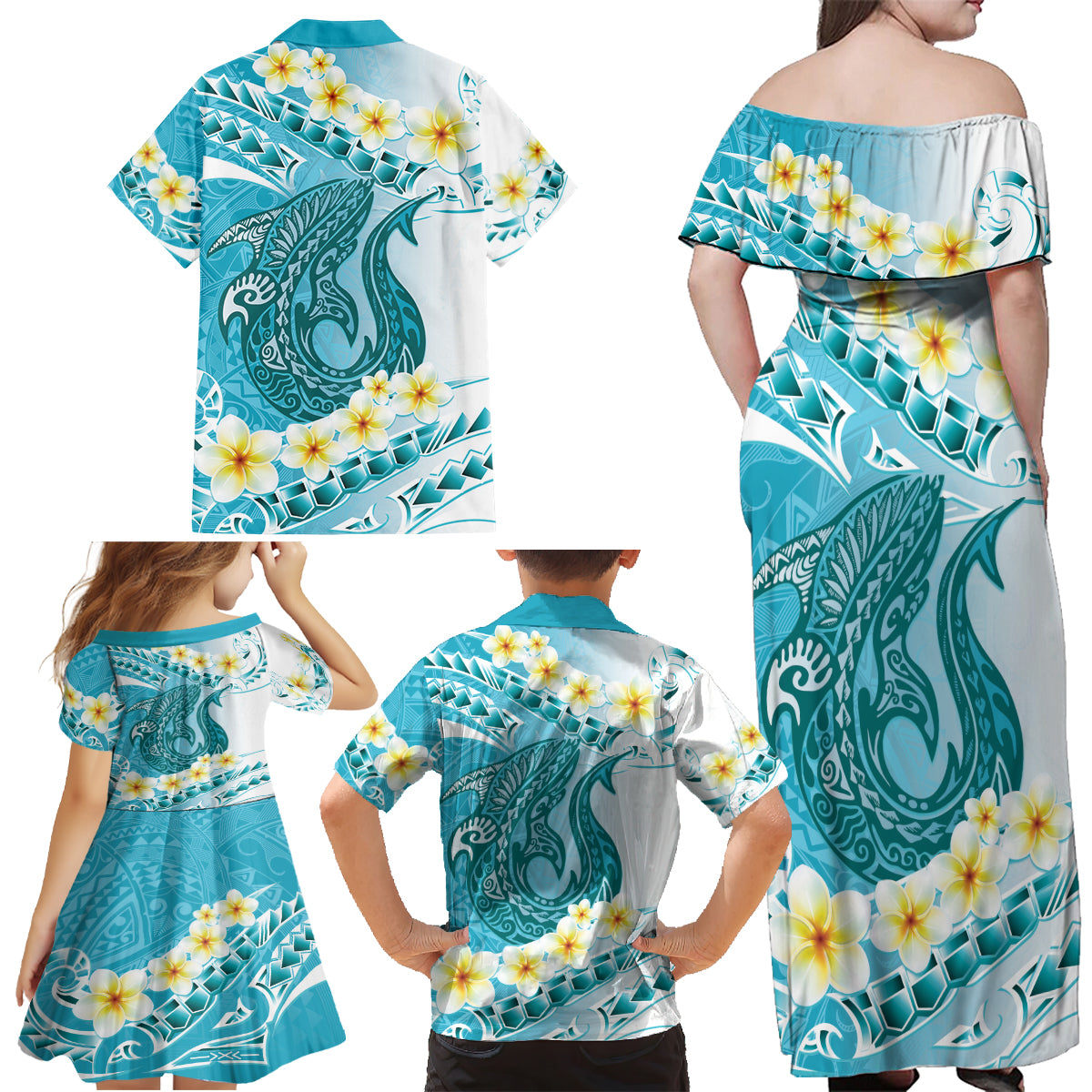 Turquoise Hawaii Shark Tattoo Family Matching Off Shoulder Maxi Dress and Hawaiian Shirt Frangipani With Polynesian Pastel Version