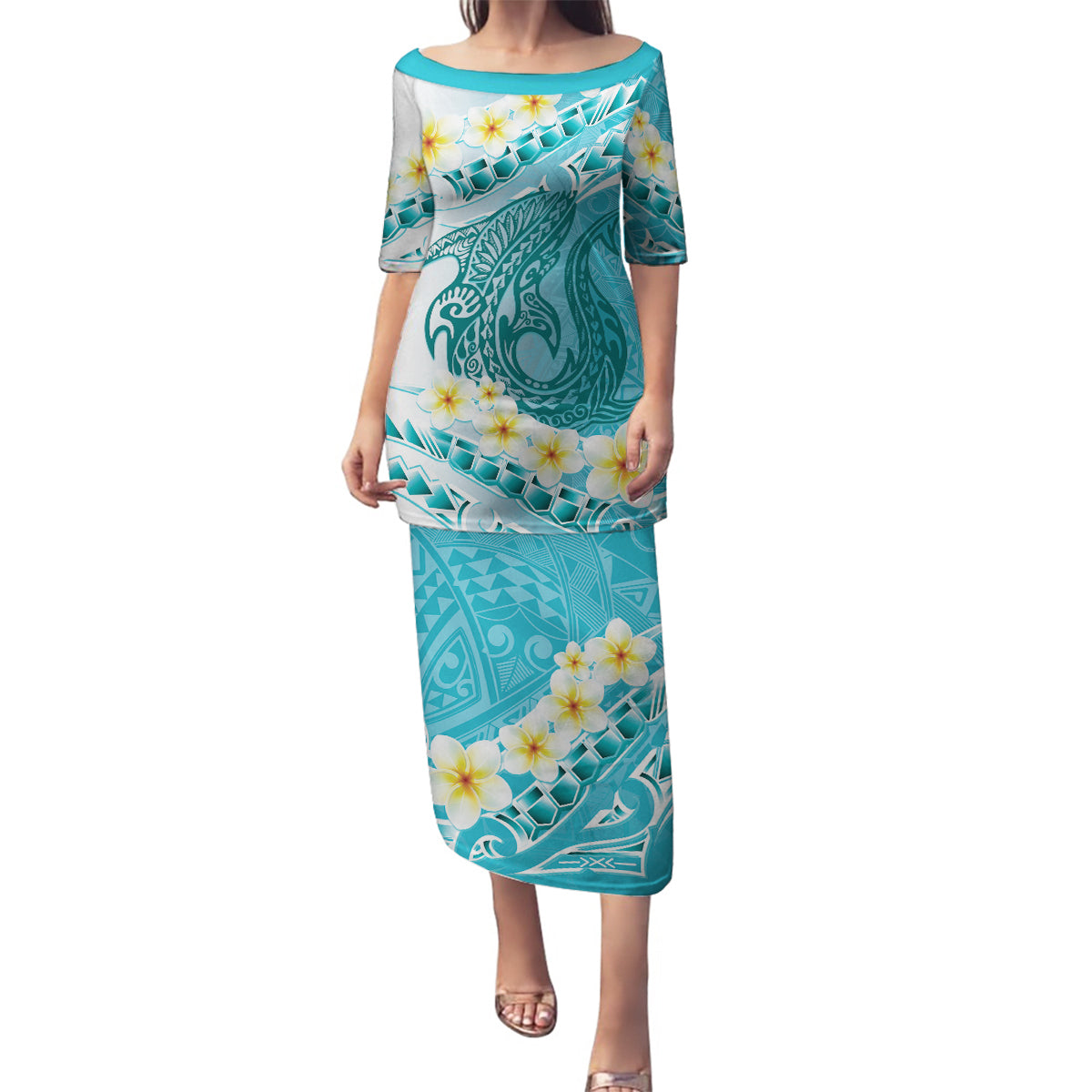 Turquoise Hawaii Shark Tattoo Family Matching Puletasi and Hawaiian Shirt Frangipani With Polynesian Pastel Version