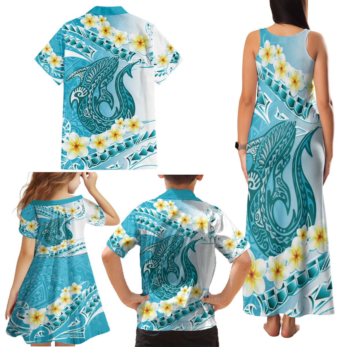 Turquoise Hawaii Shark Tattoo Family Matching Tank Maxi Dress and Hawaiian Shirt Frangipani With Polynesian Pastel Version