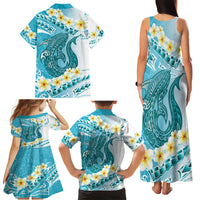 Turquoise Hawaii Shark Tattoo Family Matching Tank Maxi Dress and Hawaiian Shirt Frangipani With Polynesian Pastel Version