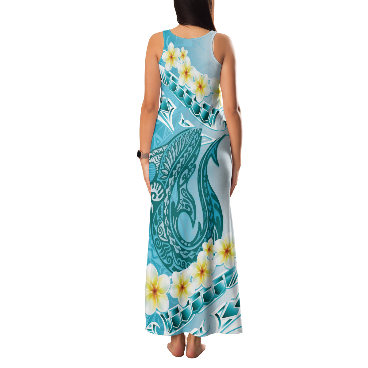 Turquoise Hawaii Shark Tattoo Family Matching Tank Maxi Dress and Hawaiian Shirt Frangipani With Polynesian Pastel Version