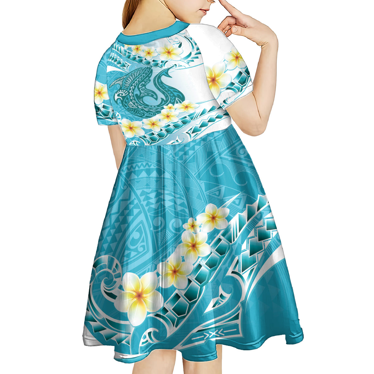 Turquoise Hawaii Shark Tattoo Kid Short Sleeve Dress Frangipani With Polynesian Pastel Version