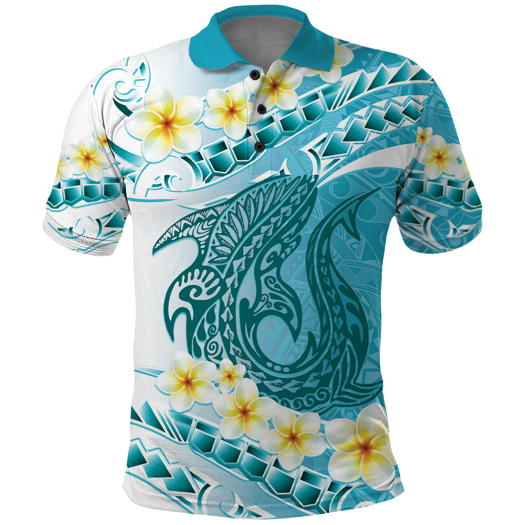 Turquoise Hawaii Shark Tattoo Polo Shirt Frangipani With Polynesian Pastel Version