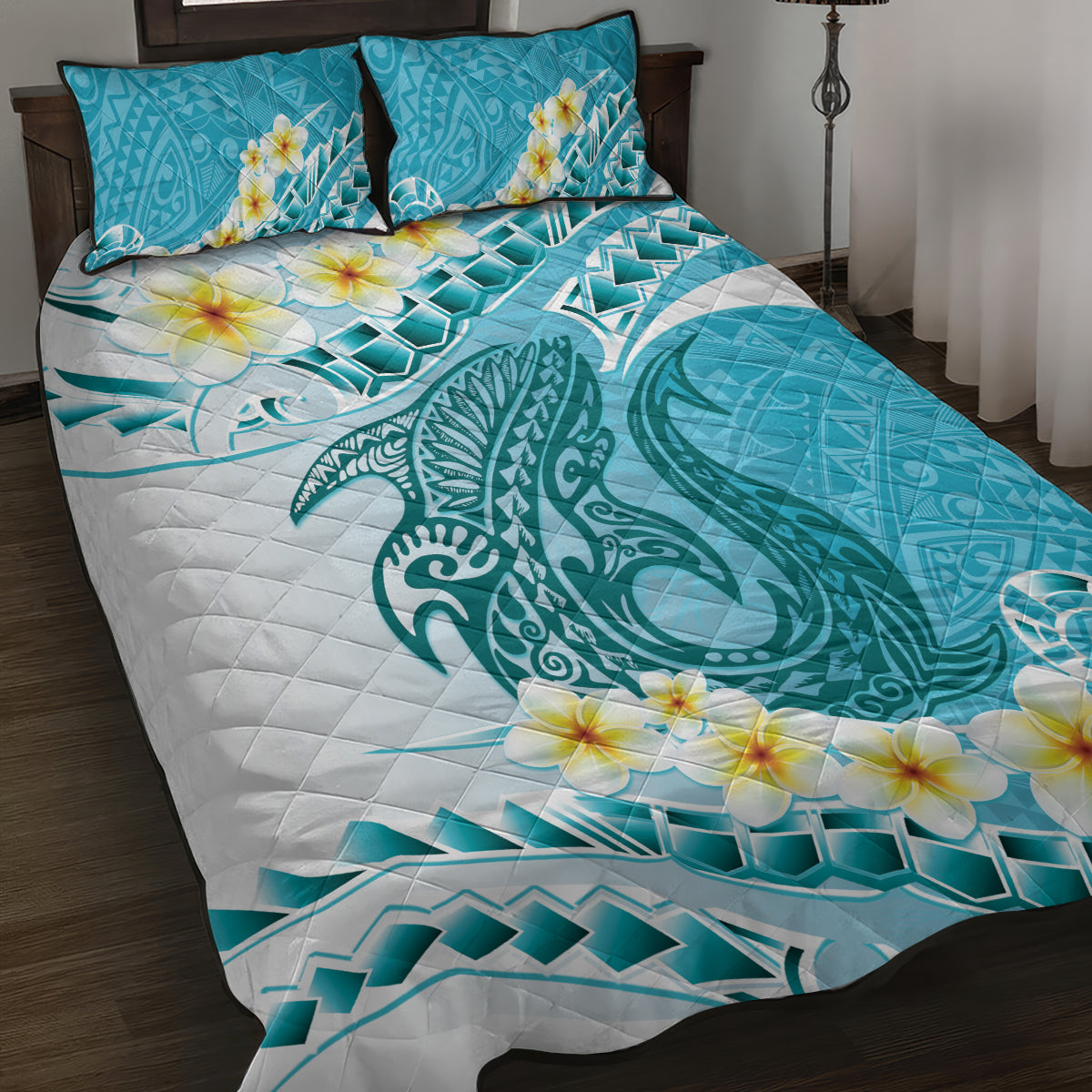 Turquoise Hawaii Shark Tattoo Quilt Bed Set Frangipani With Polynesian Pastel Version