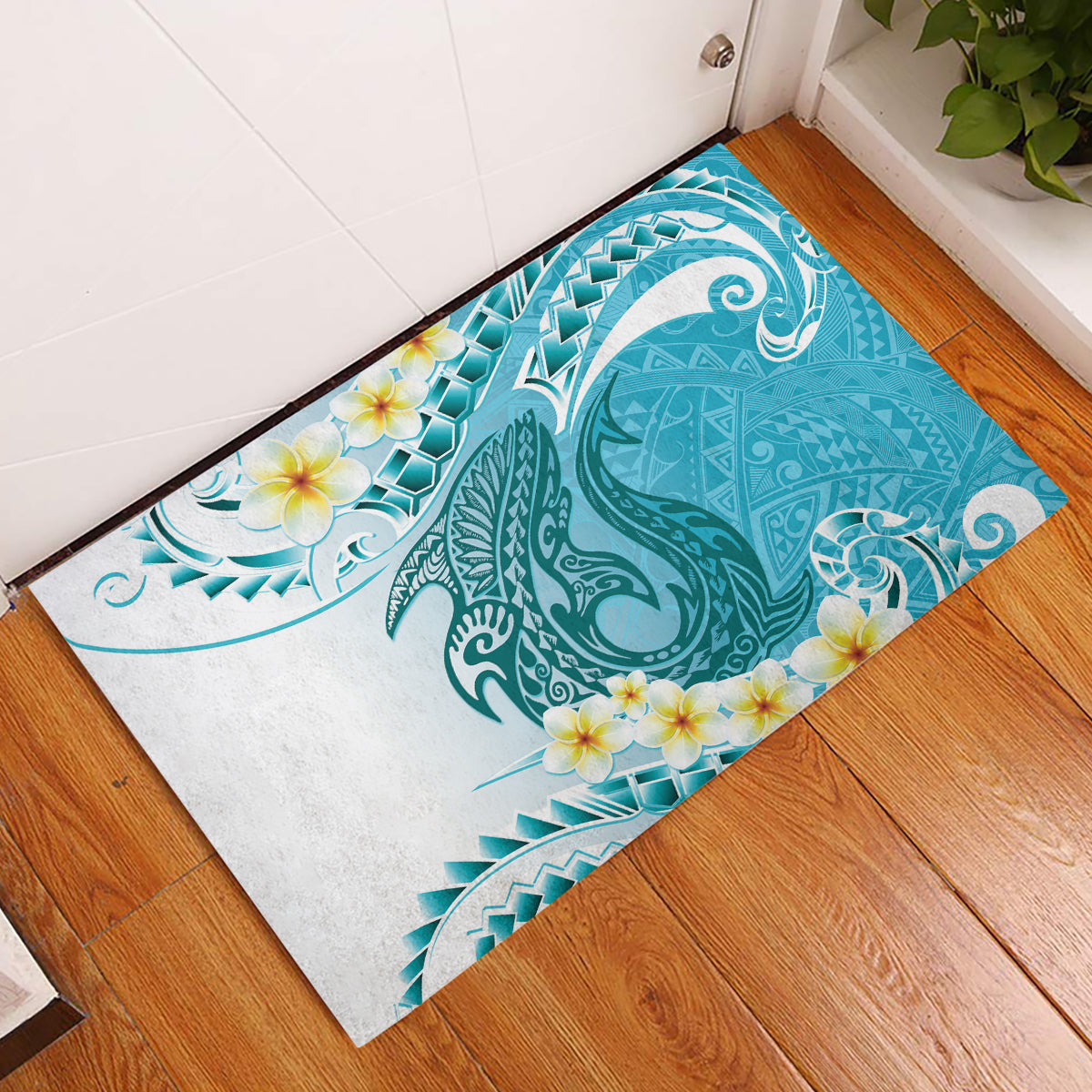 Turquoise Hawaii Shark Tattoo Rubber Doormat Frangipani With Polynesian Pastel Version