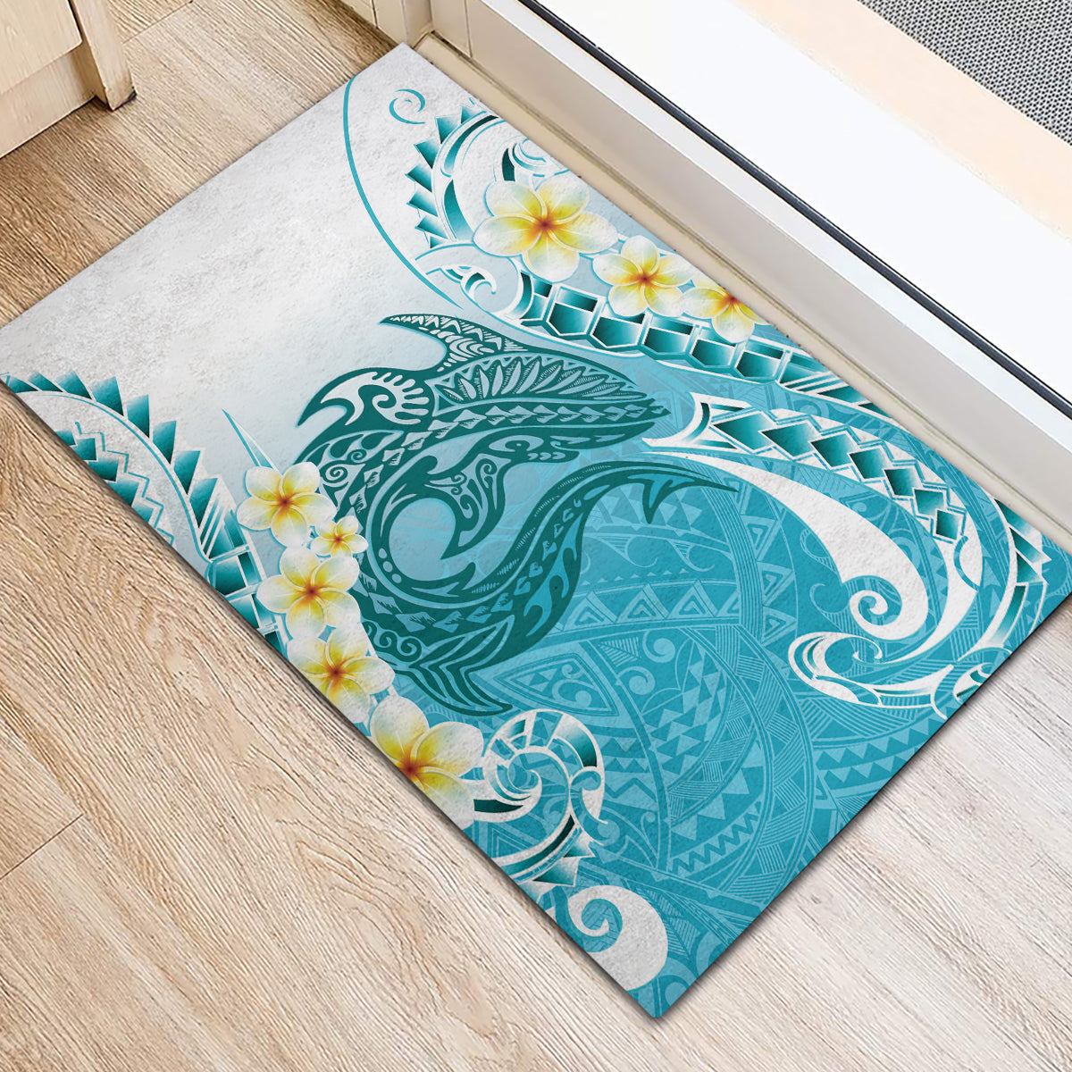 Turquoise Hawaii Shark Tattoo Rubber Doormat Frangipani With Polynesian Pastel Version