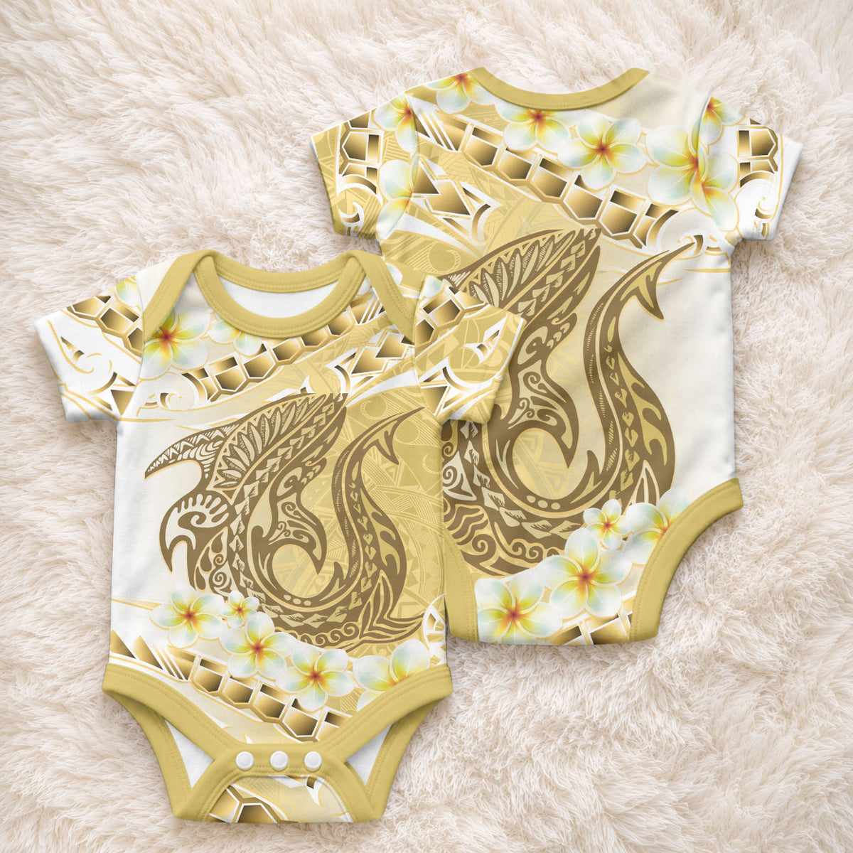 Gold Hawaii Shark Tattoo Baby Onesie Frangipani With Polynesian Pastel Version LT14 - Polynesian Pride