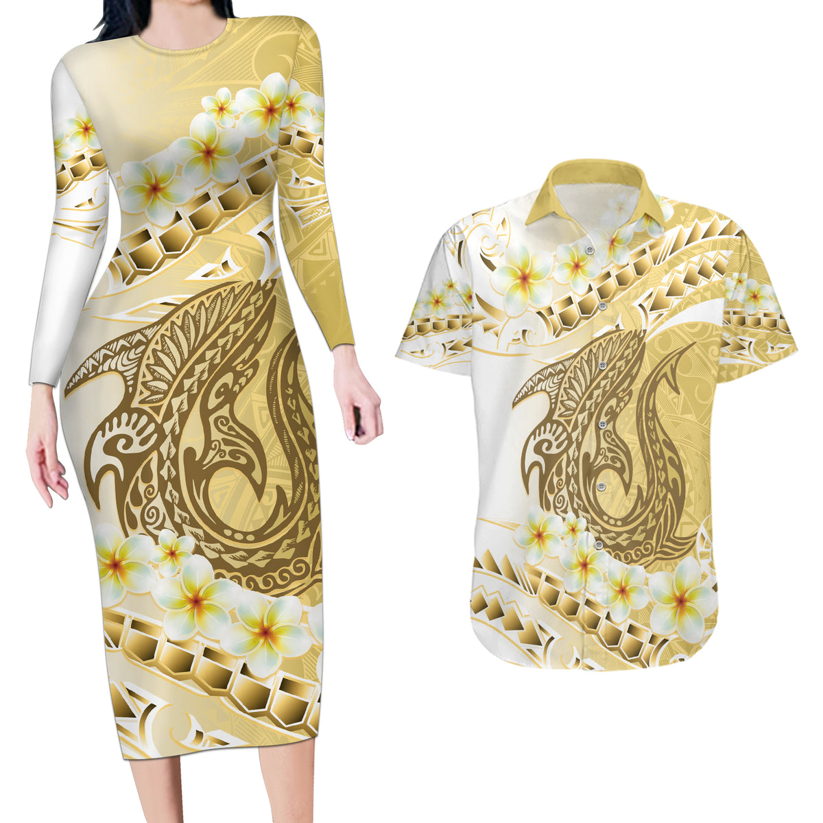 Gold Hawaii Shark Tattoo Couples Matching Long Sleeve Bodycon Dress and Hawaiian Shirt Frangipani With Polynesian Pastel Version LT14 Gold - Polynesian Pride