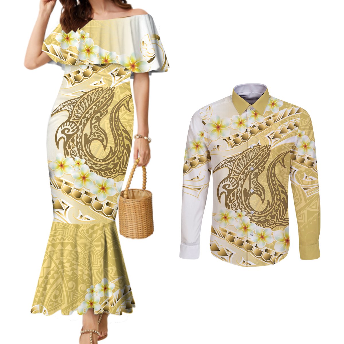 Gold Hawaii Shark Tattoo Couples Matching Mermaid Dress and Long Sleeve Button Shirt Frangipani With Polynesian Pastel Version