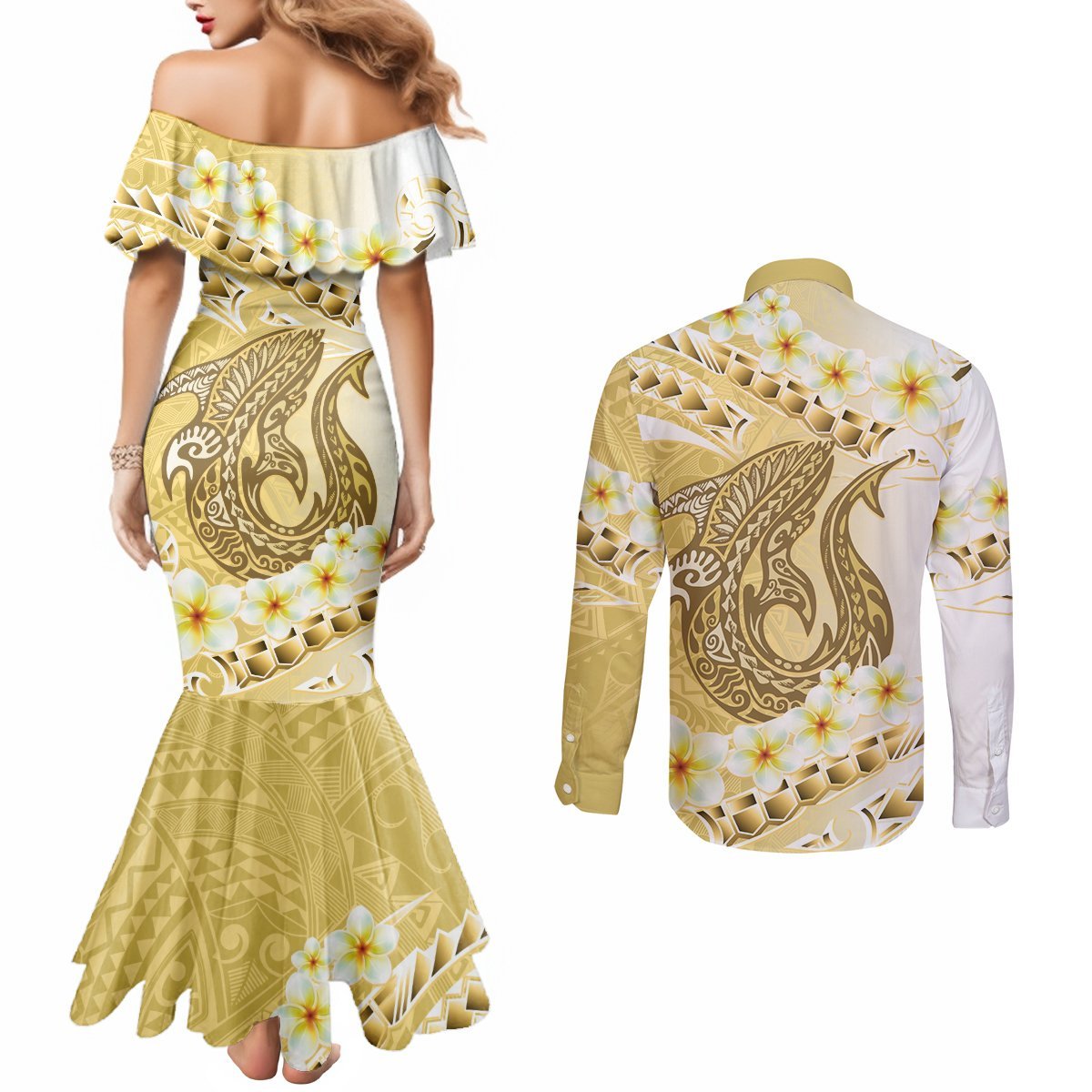 Gold Hawaii Shark Tattoo Couples Matching Mermaid Dress and Long Sleeve Button Shirt Frangipani With Polynesian Pastel Version LT14 - Polynesian Pride