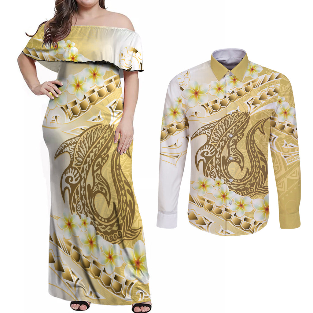 Gold Hawaii Shark Tattoo Couples Matching Off Shoulder Maxi Dress and Long Sleeve Button Shirt Frangipani With Polynesian Pastel Version LT14 Gold - Polynesian Pride
