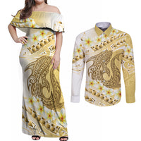 Gold Hawaii Shark Tattoo Couples Matching Off Shoulder Maxi Dress and Long Sleeve Button Shirt Frangipani With Polynesian Pastel Version LT14 Gold - Polynesian Pride