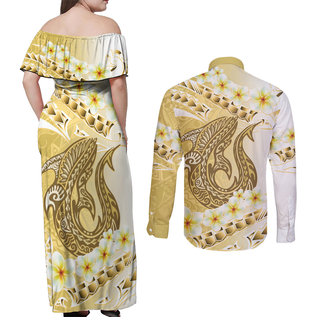 Gold Hawaii Shark Tattoo Couples Matching Off Shoulder Maxi Dress and Long Sleeve Button Shirt Frangipani With Polynesian Pastel Version LT14 - Polynesian Pride