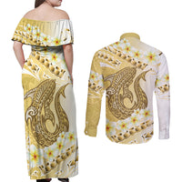 Gold Hawaii Shark Tattoo Couples Matching Off Shoulder Maxi Dress and Long Sleeve Button Shirt Frangipani With Polynesian Pastel Version LT14 - Polynesian Pride