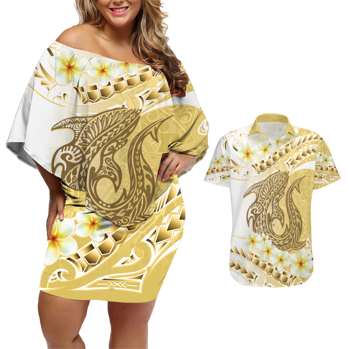 Gold Hawaii Shark Tattoo Couples Matching Off Shoulder Short Dress and Hawaiian Shirt Frangipani With Polynesian Pastel Version