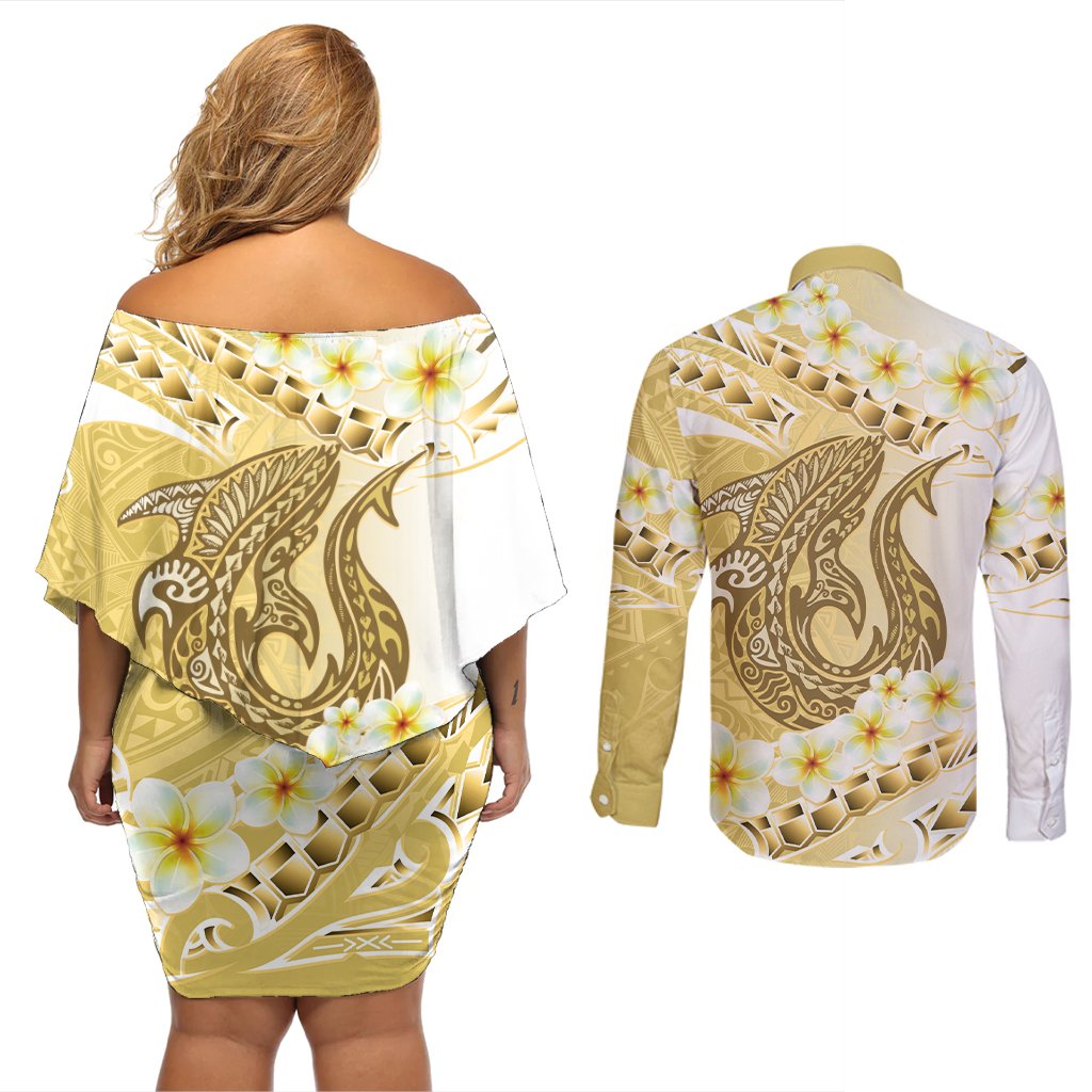 Gold Hawaii Shark Tattoo Couples Matching Off Shoulder Short Dress and Long Sleeve Button Shirt Frangipani With Polynesian Pastel Version