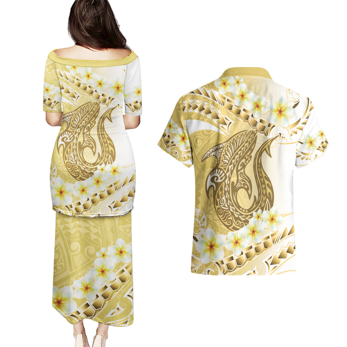 Gold Hawaii Shark Tattoo Couples Matching Puletasi and Hawaiian Shirt Frangipani With Polynesian Pastel Version