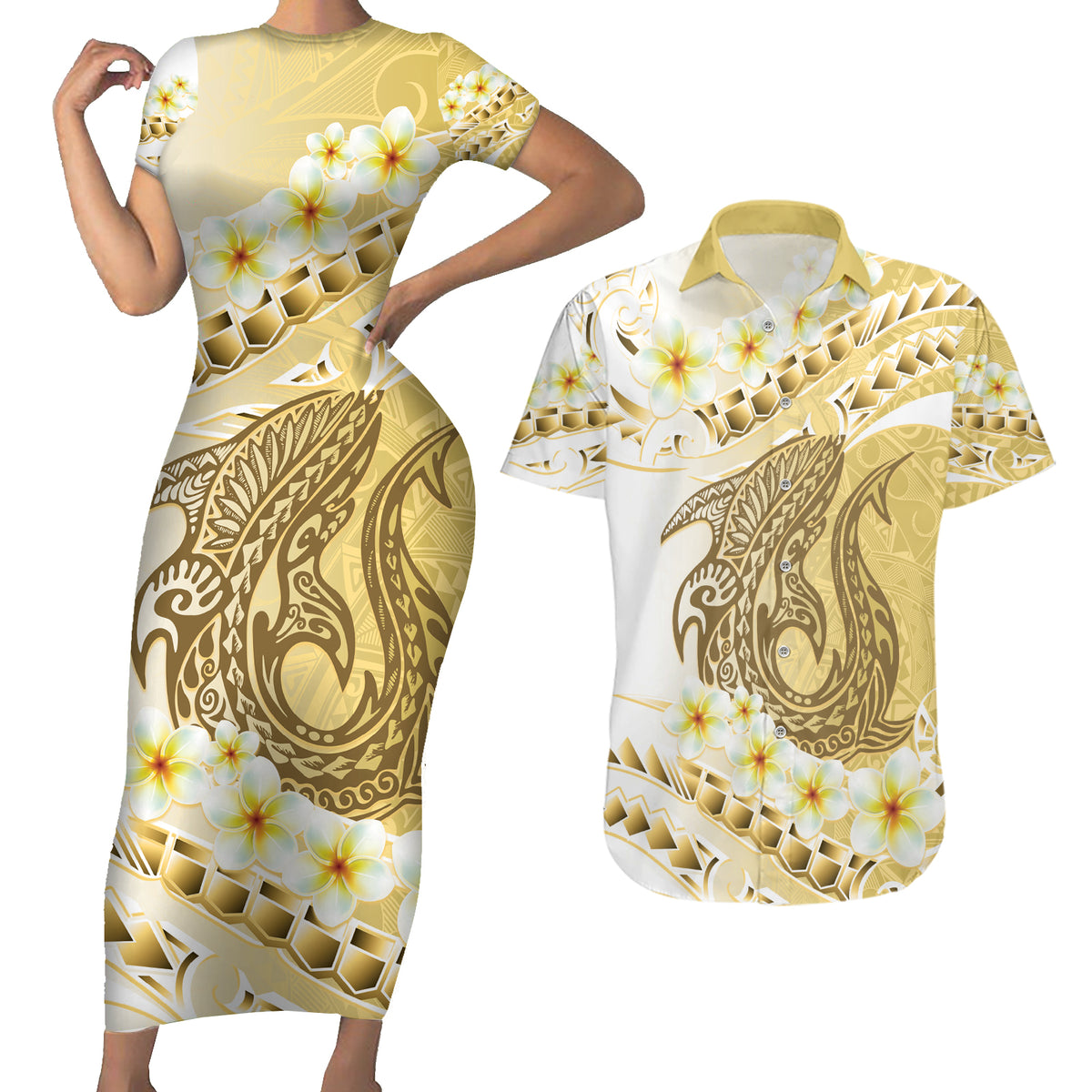 Gold Hawaii Shark Tattoo Couples Matching Short Sleeve Bodycon Dress and Hawaiian Shirt Frangipani With Polynesian Pastel Version LT14 Gold - Polynesian Pride