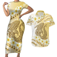 Gold Hawaii Shark Tattoo Couples Matching Short Sleeve Bodycon Dress and Hawaiian Shirt Frangipani With Polynesian Pastel Version LT14 Gold - Polynesian Pride