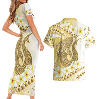 Gold Hawaii Shark Tattoo Couples Matching Short Sleeve Bodycon Dress and Hawaiian Shirt Frangipani With Polynesian Pastel Version LT14 - Polynesian Pride