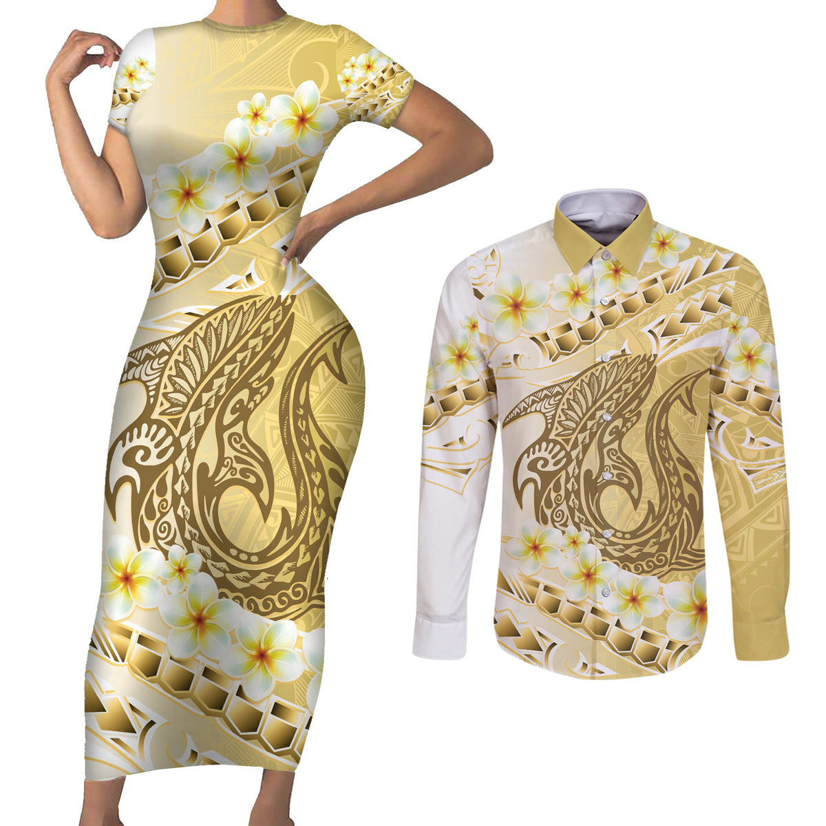 Gold Hawaii Shark Tattoo Couples Matching Short Sleeve Bodycon Dress and Long Sleeve Button Shirt Frangipani With Polynesian Pastel Version