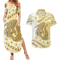 Gold Hawaii Shark Tattoo Couples Matching Summer Maxi Dress and Hawaiian Shirt Frangipani With Polynesian Pastel Version