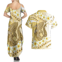 Gold Hawaii Shark Tattoo Couples Matching Summer Maxi Dress and Hawaiian Shirt Frangipani With Polynesian Pastel Version