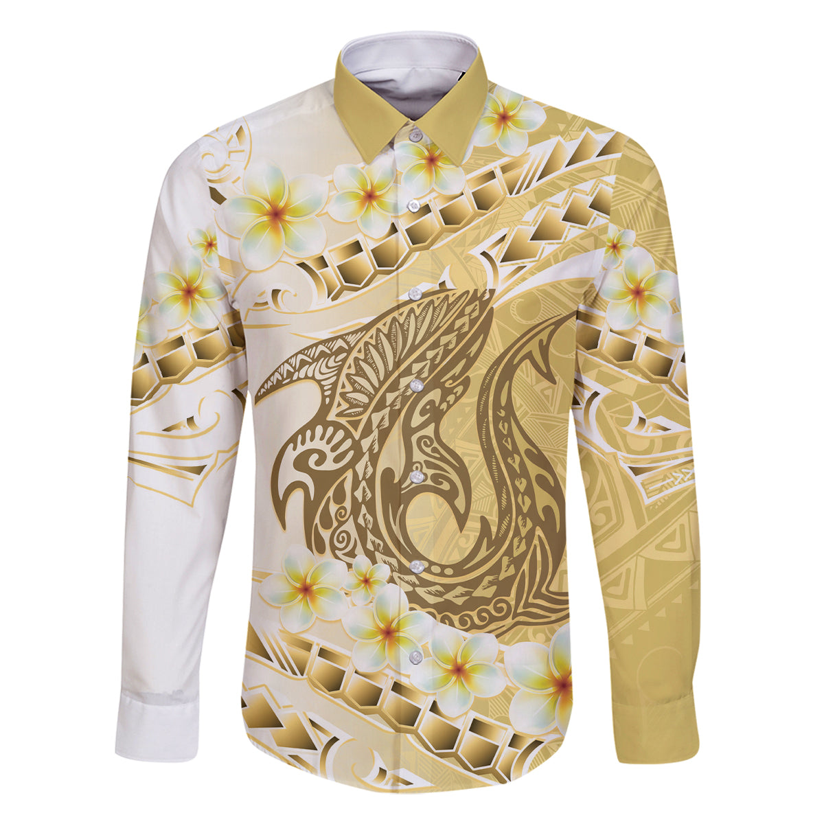 Gold Hawaii Shark Tattoo Family Matching Long Sleeve Bodycon Dress and Hawaiian Shirt Frangipani With Polynesian Pastel Version LT14 Dad's Shirt - Long Sleeve Gold - Polynesian Pride