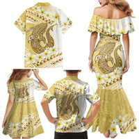 Gold Hawaii Shark Tattoo Family Matching Mermaid Dress and Hawaiian Shirt Frangipani With Polynesian Pastel Version LT14 - Polynesian Pride