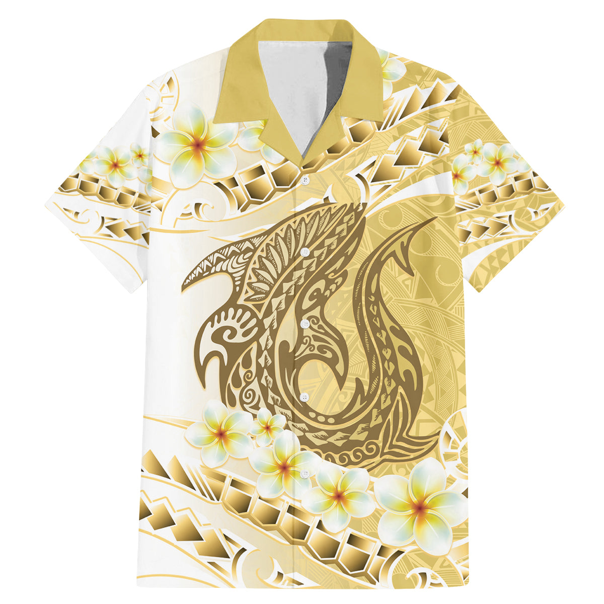 Gold Hawaii Shark Tattoo Family Matching Mermaid Dress and Hawaiian Shirt Frangipani With Polynesian Pastel Version LT14 Dad's Shirt - Short Sleeve Gold - Polynesian Pride