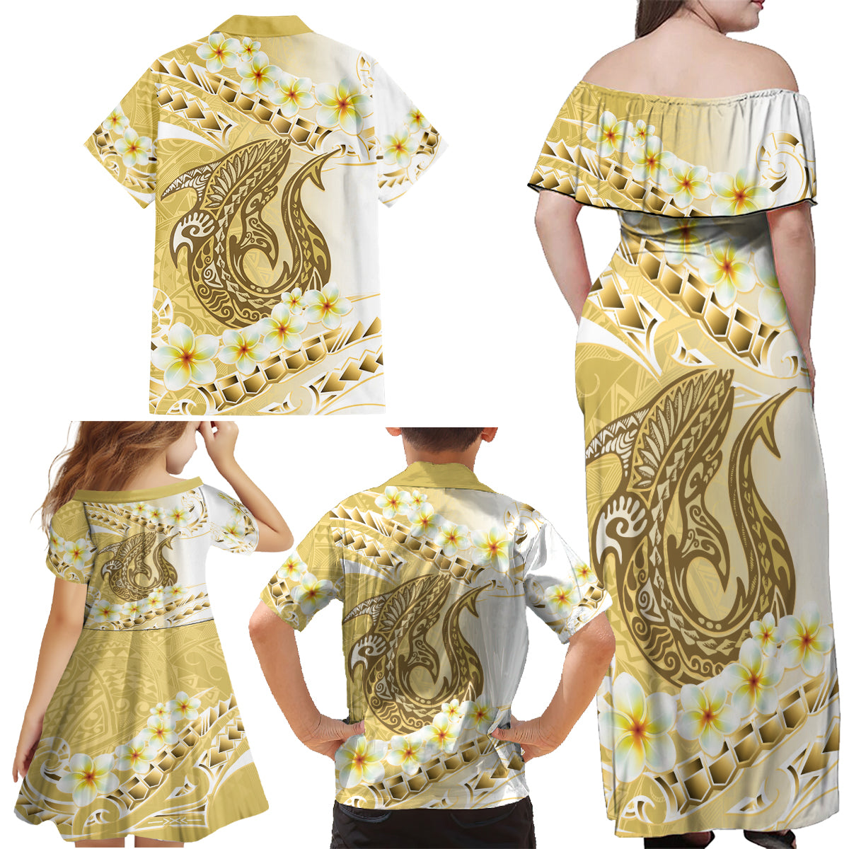 Gold Hawaii Shark Tattoo Family Matching Off Shoulder Maxi Dress and Hawaiian Shirt Frangipani With Polynesian Pastel Version