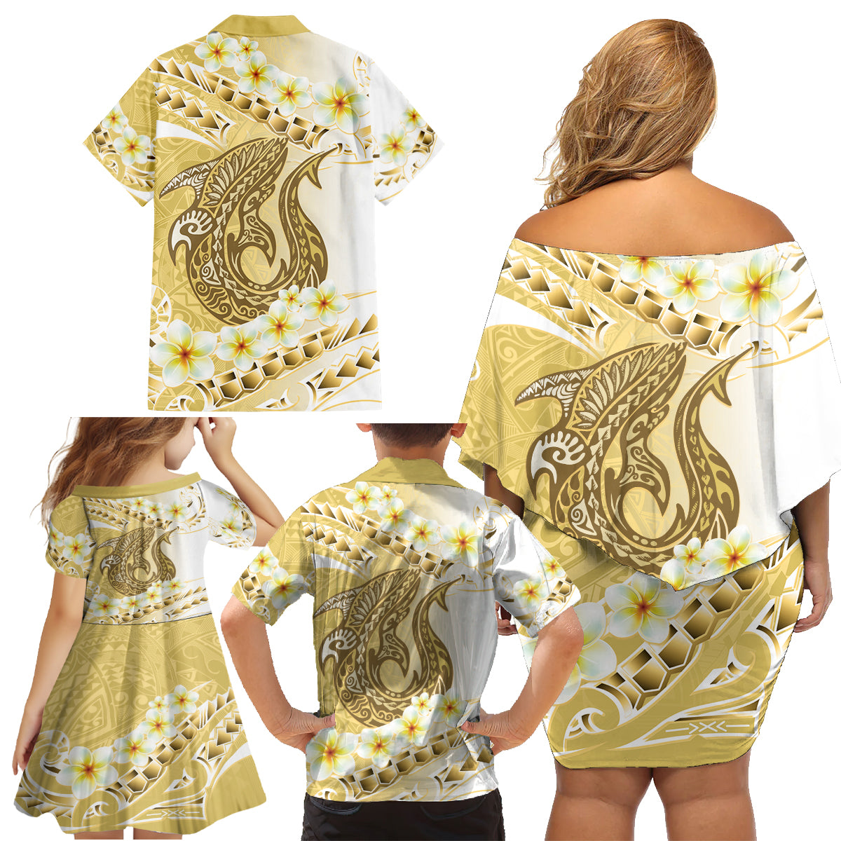 Gold Hawaii Shark Tattoo Family Matching Off Shoulder Short Dress and Hawaiian Shirt Frangipani With Polynesian Pastel Version