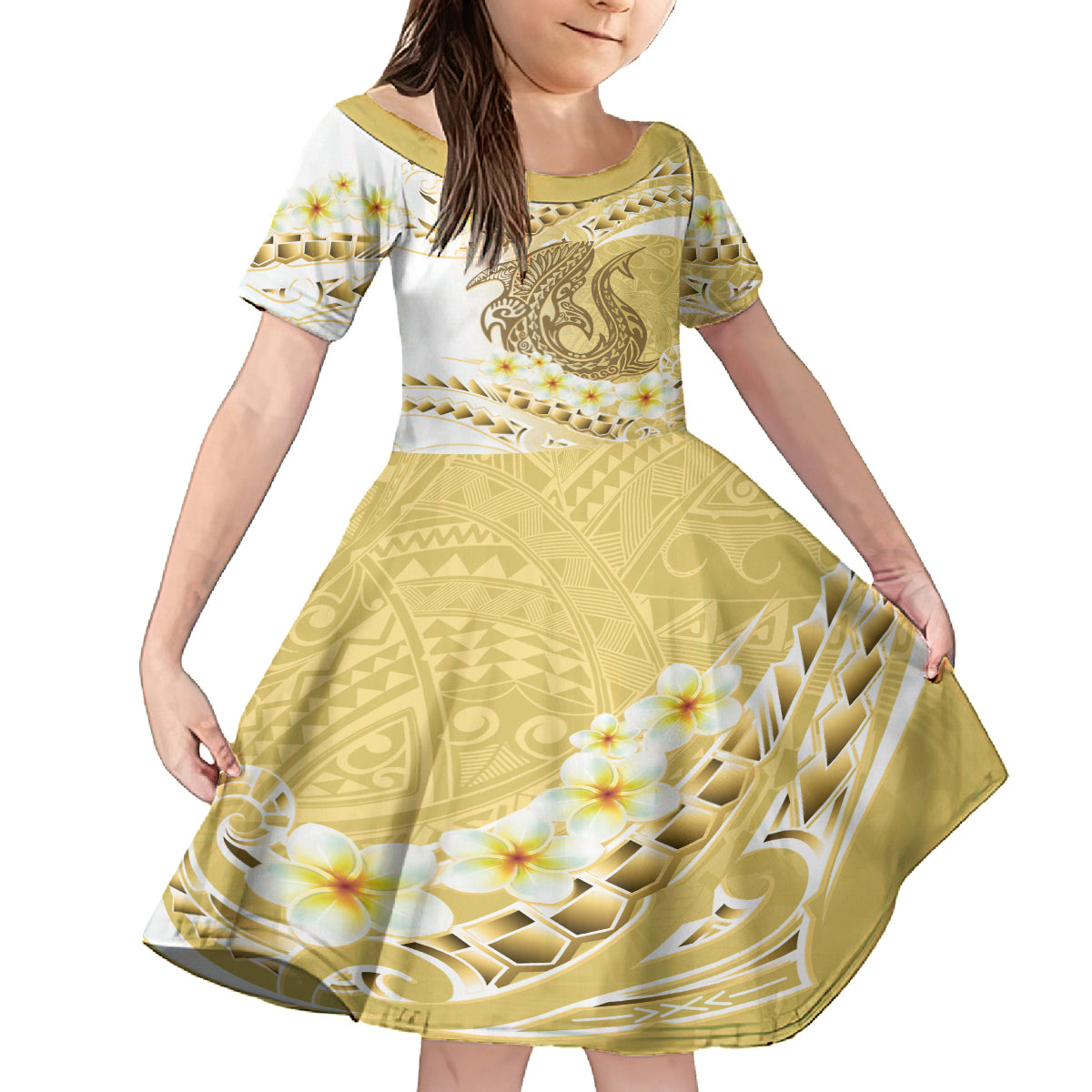 Gold Hawaii Shark Tattoo Family Matching Puletasi and Hawaiian Shirt Frangipani With Polynesian Pastel Version LT14 Daughter's Dress Gold - Polynesian Pride